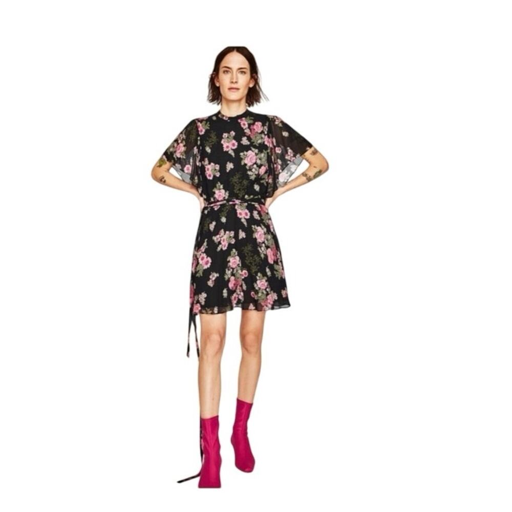 Zara Woman Size Large Floral High Neck Flutter Sleeve Sheer Flowy Short Dress